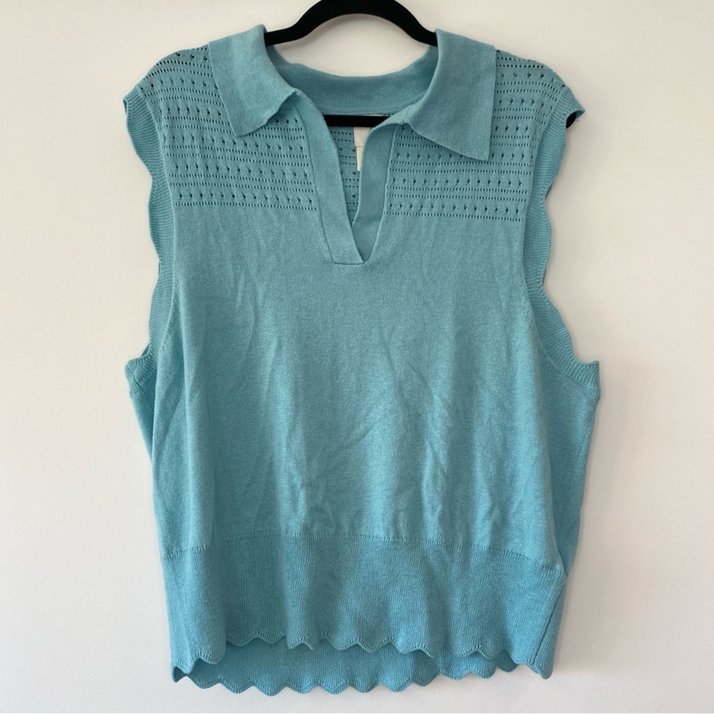 Joie Blue Collared Open Knit Scallop Edge Sweater Vest Size XL